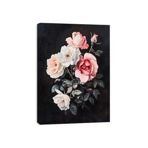 Moody rose canvas art in classic botanical style for elegant bedroom decor.
