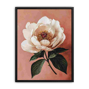 Ivory peony canvas print with terracotta background for elegant bedroom decor.