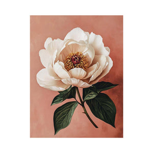 Ivory peony canvas print with terracotta background for elegant bedroom decor.