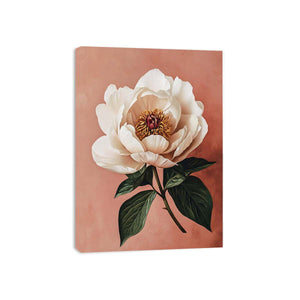 Ivory peony canvas print with terracotta background for elegant bedroom decor.