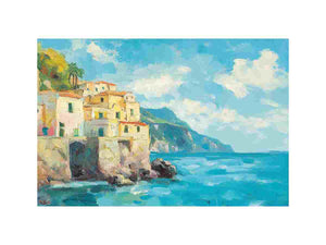 Mediterranean coastal village canvas art for elegant living room wall decor.