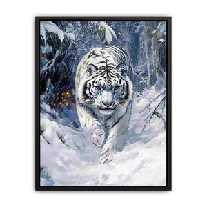 White tiger canvas art in snowy forest for dramatic modern office decor.