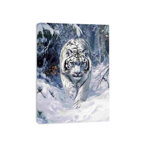 White tiger canvas art in snowy forest for dramatic modern office decor.