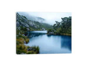 Misty mountain lake photography canvas for calm modern living room decor.
