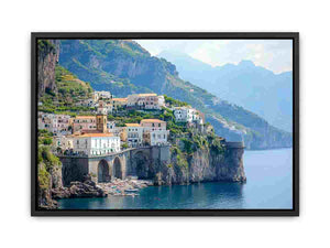 Amalfi coast photography canvas with cliffside village for luxury living room decor.