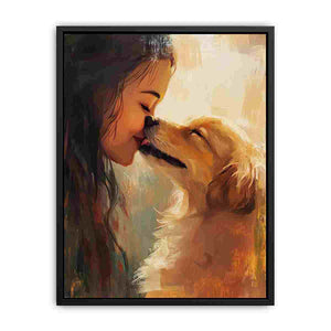 Warm woman and golden dog canvas art for cozy bedroom or family decor.