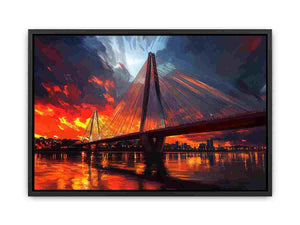 Dramatic bridge skyline canvas art with fiery reflections for modern office decor.