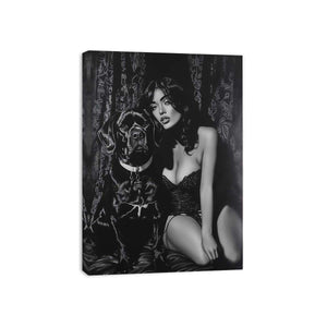 Black and white woman with black dog canvas art for moody bedroom decor.