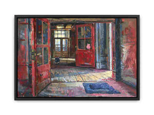 Vintage red hallway interior canvas print for eclectic living room decor.