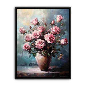 Pink rose bouquet canvas print in vase for elegant living room decor.