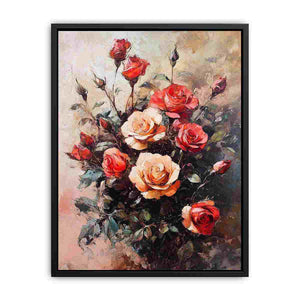 Red and cream rose bouquet canvas art for romantic bedroom decor.