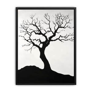 Black tree silhouette wall art for minimalist living room decor.