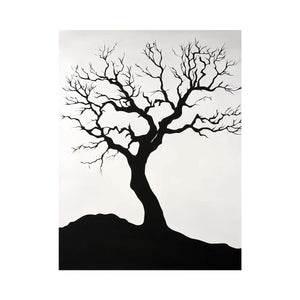 Black tree silhouette wall art for minimalist living room decor.