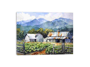 Watercolor farm landscape canvas print with barns and mountains for country decor.