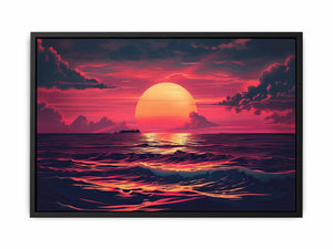 Bold magenta ocean sunset with glowing sun for modern living room decor.