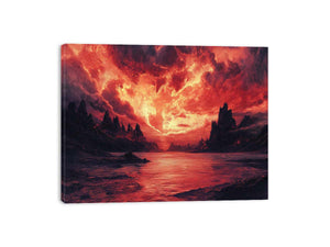Red fantasy landscape wall art with fiery sky and mountains for statement decor.