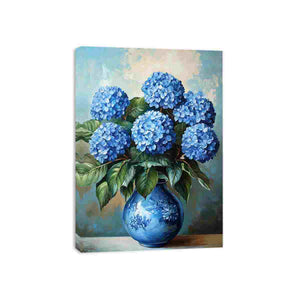 Blue hydrangea bouquet in vase canvas print for elegant living room decor.