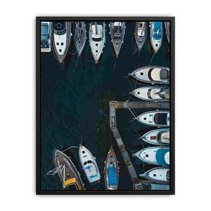 Aerial marina boat canvas art for modern office, hallway, or coastal decor.