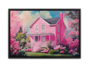 Pink cottage canvas art with blooming garden for playful bedroom or living room decor.