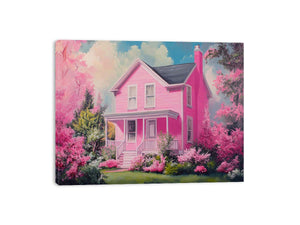Pink cottage canvas art with blooming garden for playful bedroom or living room decor.