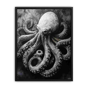 Black and white octopus canvas art for moody coastal office or bathroom decor.