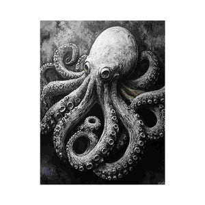 Black and white octopus canvas art for moody coastal office or bathroom decor.