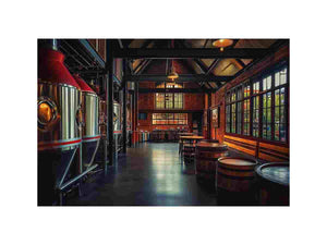 Industrial brewery interior canvas art with brewing tanks and wooden barrels for modern home bar decor.