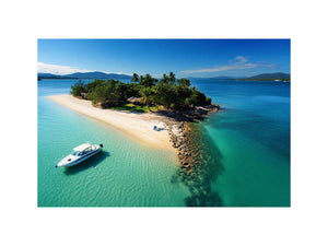 Tropical island aerial canvas art with turquoise ocean and sandy beach for coastal living room decor.