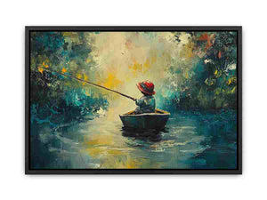Impressionist fishing boat artwork with child angler on calm water for living room and office decor.