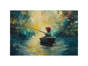 Impressionist fishing boat artwork with child angler on calm water for living room and office decor.