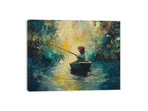Impressionist fishing boat artwork with child angler on calm water for living room and office decor.
