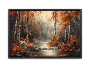 Autumn forest stream canvas art with waterfall and colorful foliage for living room and office decor.