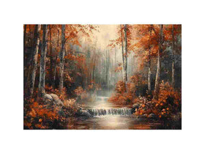 Autumn forest stream canvas art with waterfall and colorful foliage for living room and office decor.