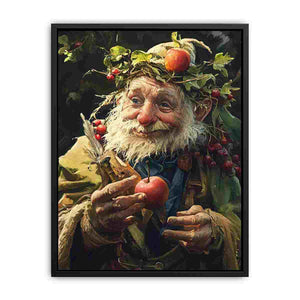 Whimsical woodland elder holding an apple in impressionist style canvas art for cozy living room decor.