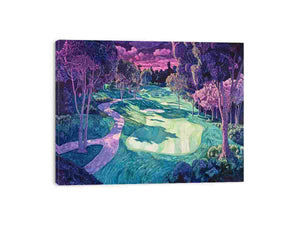Dreamlike golf course landscape canvas art with purple trees and winding fairways for luxury living room decor.