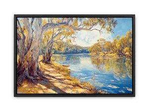 Sunlit riverside landscape canvas art with eucalyptus trees and reflective water for elegant living room decor.