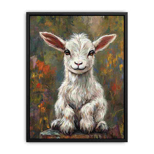 Charming white baby goat canvas art in rustic farmhouse style for nursery, living room, and country home decor.