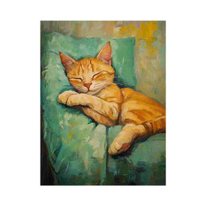 Sleeping orange tabby cat canvas art in cozy farmhouse style for living room, bedroom, and reading nook decor.