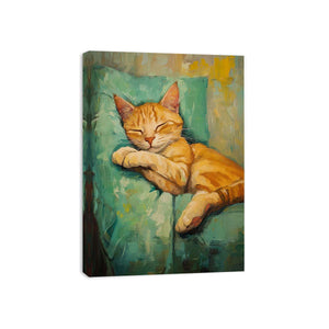 Sleeping orange tabby cat canvas art in cozy farmhouse style for living room, bedroom, and reading nook decor.