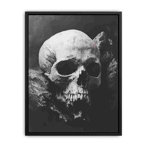 Black and white skull canvas art in dramatic gothic style for modern office, loft, and contemporary interior decor.