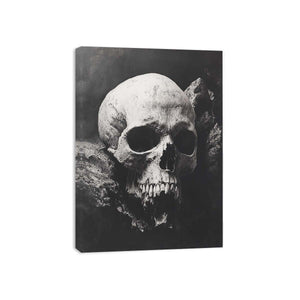 Black and white skull canvas art in dramatic gothic style for modern office, loft, and contemporary interior decor.