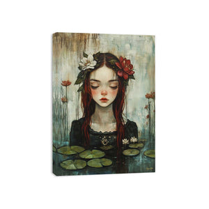 Ethereal woman portrait with lotus flowers and lily pads in serene fantasy style for elegant bedroom decor.
