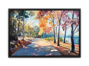 Sunlit autumn pathway canvas art with colorful trees and lakeside scenery for elegant living room decor.