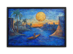 Dreamy moonlit river landscape with boat and palm trees for elegant living room wall art.