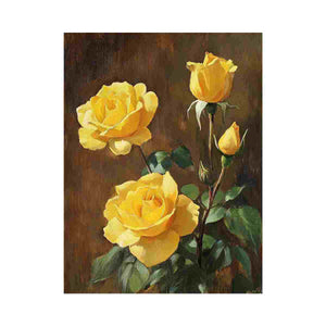 Elegant yellow rose floral artwork with botanical details for living room wall decor.