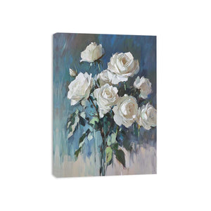 Elegant white rose floral canvas art with soft blue tones for bedroom and living room decor.