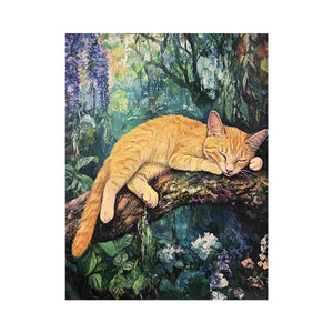 Sleeping ginger cat on a tree branch surrounded by flowers and foliage for cozy living room wall decor.