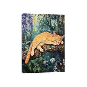 Sleeping ginger cat on a tree branch surrounded by flowers and foliage for cozy living room wall decor.