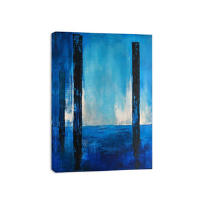 Blue abstract minimalist canvas art with vertical forms for modern living room decor.
