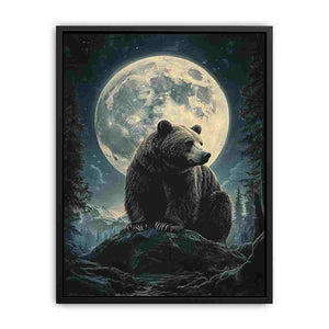 Majestic bear under a full moon in a forest landscape for rustic living room wall art.